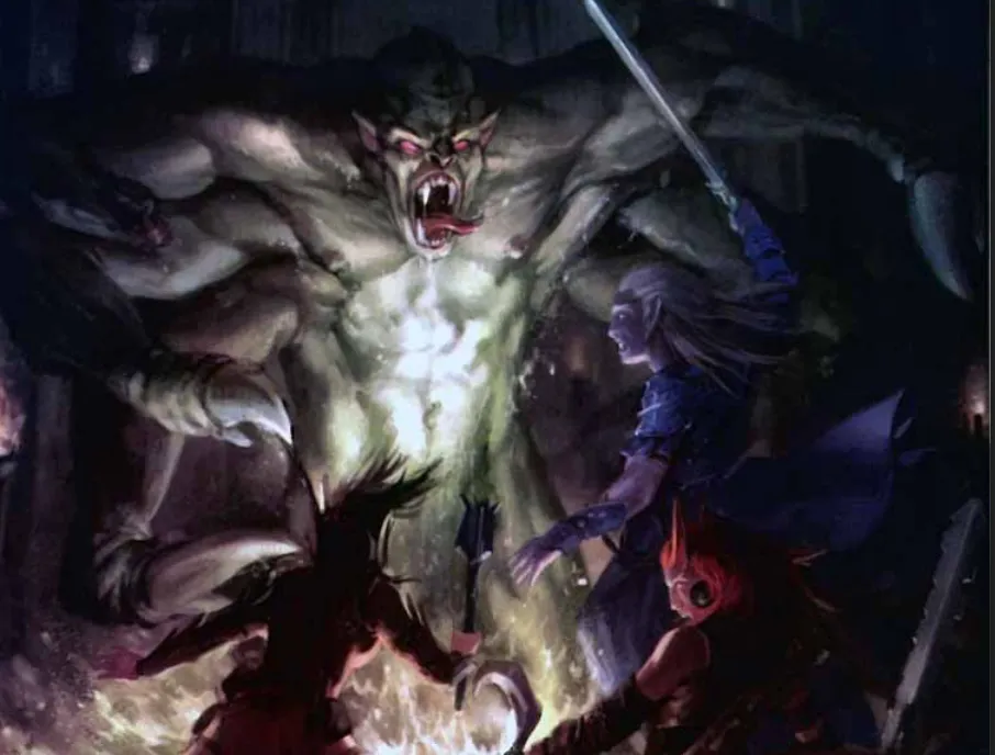 A demonic monster rising from the black liquid of a fountain to attack adventurers