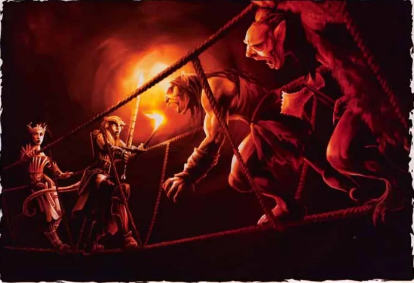 Adventurers encountering grimlocks on a rope bridge