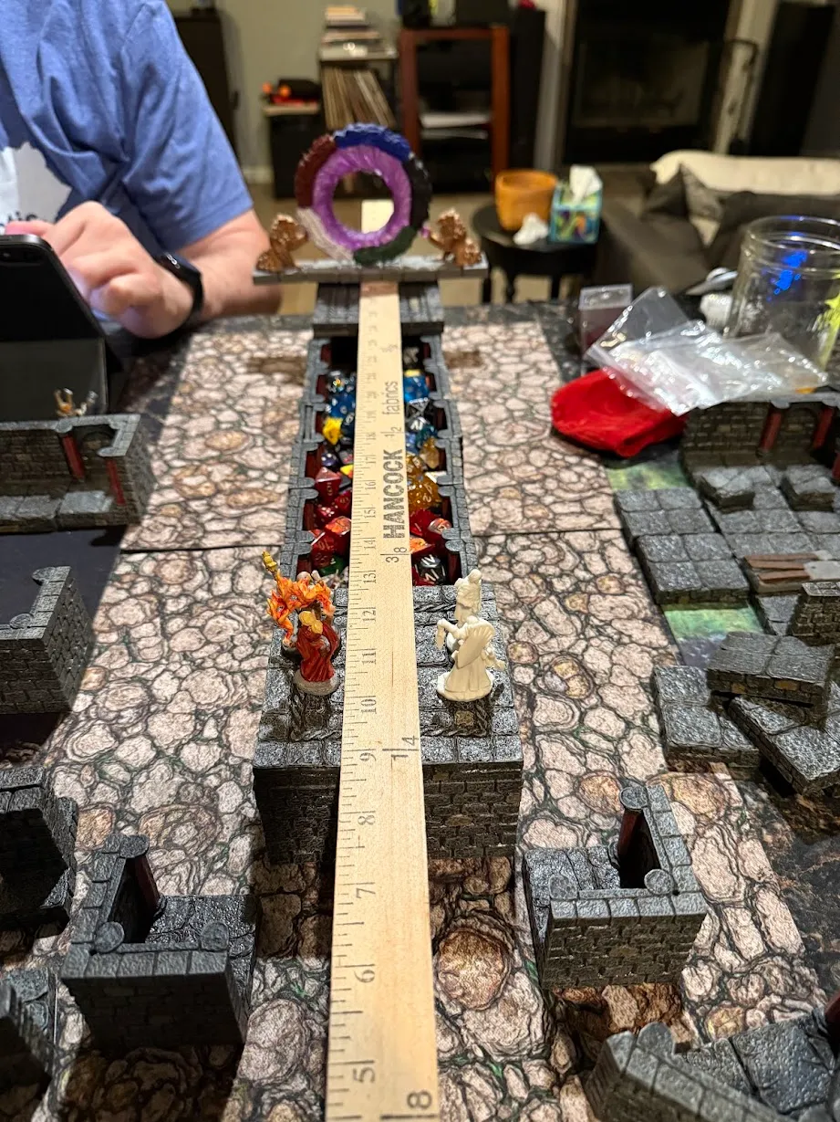 My Dwarven Forge build for the encounter, complete with a measuring stick and all the extra dice I accumulated over the years. Alastor’s Haunt