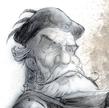 Sketch portrait of a weathered old man wearing a hat and smoking a pipe, representing a Planescape faction leader