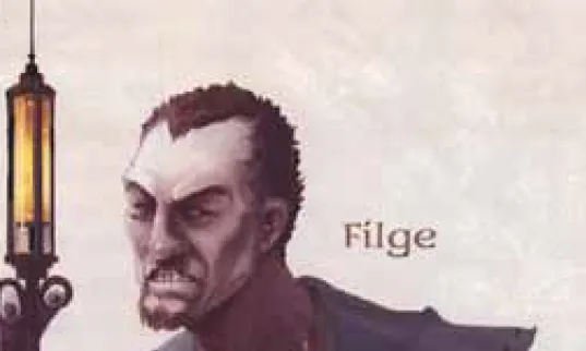 Portrait of Filge, a pale, sinister-looking alchemist NPC