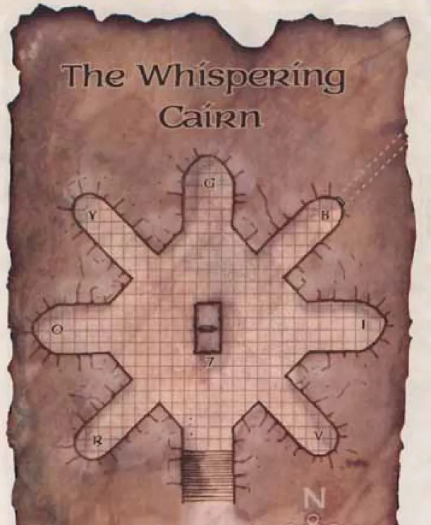 Dungeon map of the Whispering Cairn, showing its flower-shaped chamber layout