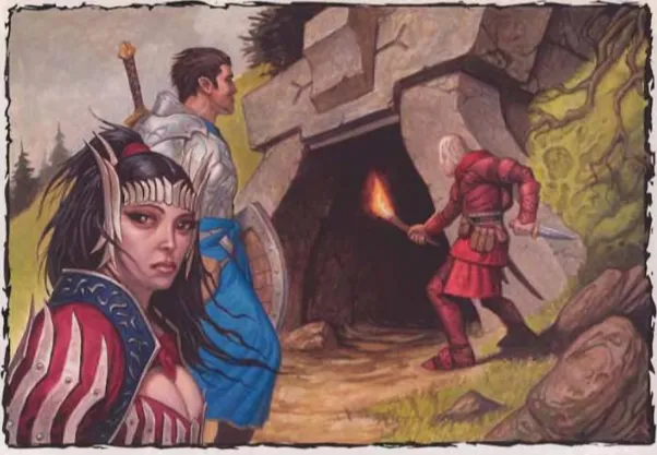 Illustration of three adventurers – an elf woman, a knight, and a torch-bearing rogue – approaching the entrance to the Whispering Cairn