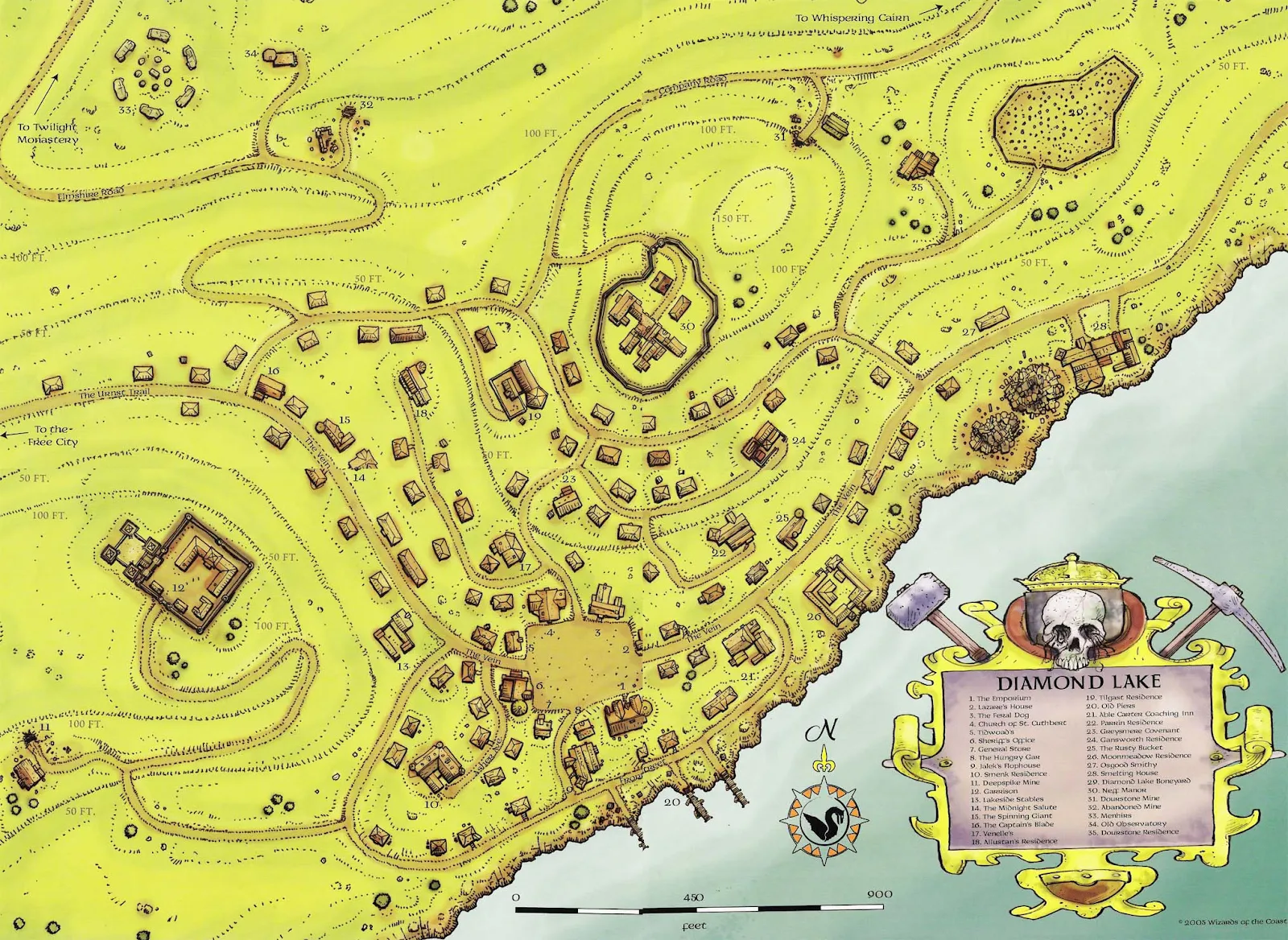 Map of Diamond Lake showing numbered locations including the Emporium, mines, and the Old Observatory