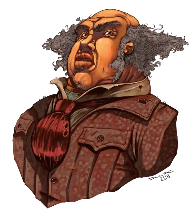Portrait of Balabar Smenk, a balding, disheveled mine owner