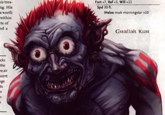 Grallak Kur, the high priest of Erythnul, a psychic humanoid villain with red spiked hair and multiple eyes
