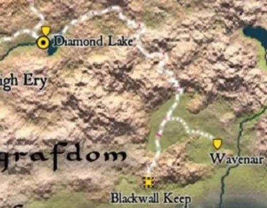 Regional map showing the road between Diamond Lake and Blackwall Keep