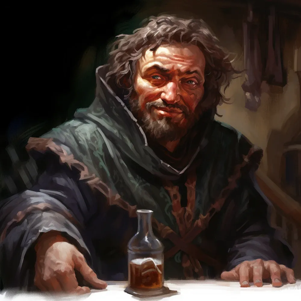 Portrait of Sheriff Cubbin, a gruff, weathered man seated at a table with a bottle of liquor