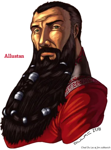 Portrait of Allustan, a bearded man with metal rings woven into his beard