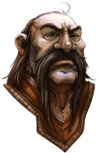 Portrait of Ragnolin Daggerstone, a gruff dwarf with a large braided mustache