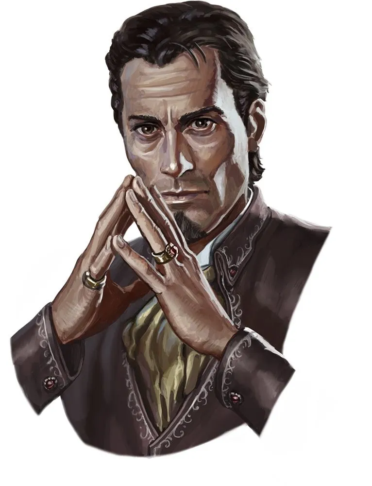 Portrait of Chaum Gansworth, a well-dressed man with clasped hands and jeweled rings