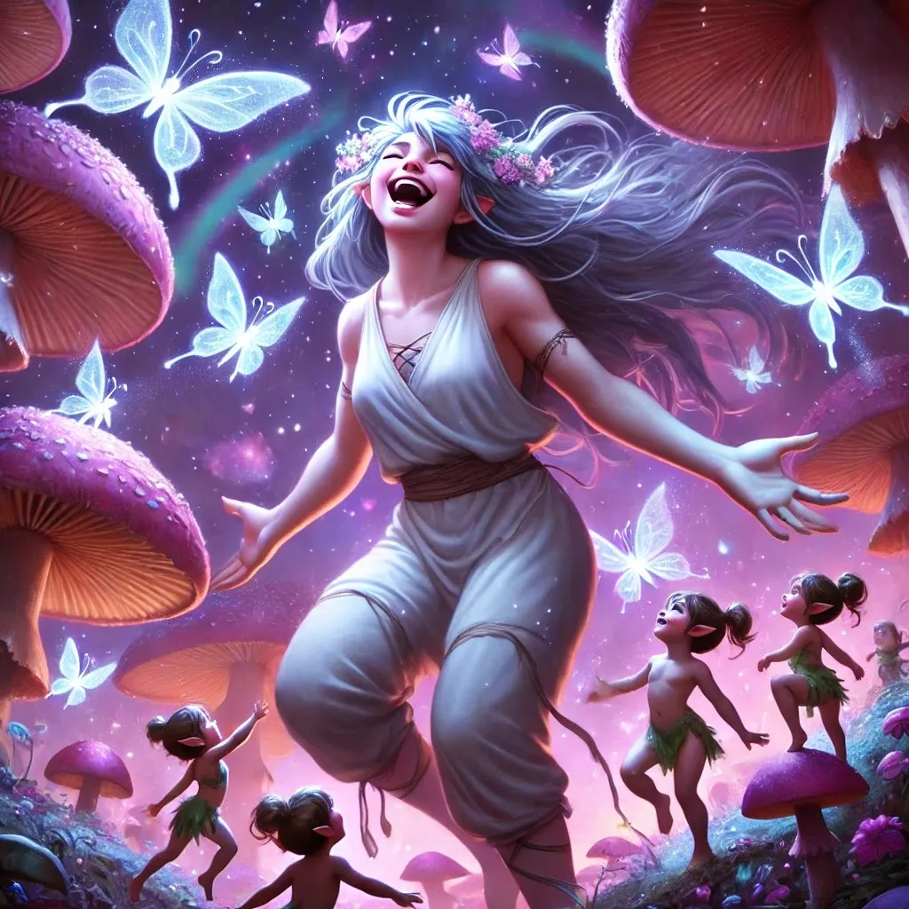 Chatgpt's interpretation of Kopoha partying it up An empyrean partying with some feywild creatures.