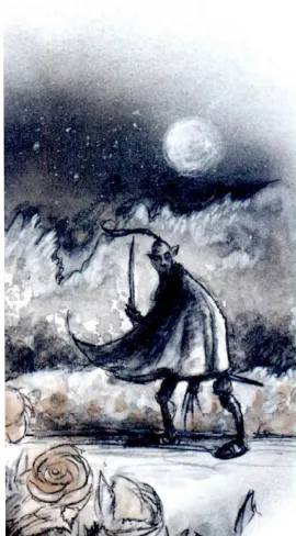 Ink sketch of a horned fiend wielding a scythe beneath a full moon, standing over a bed of roses