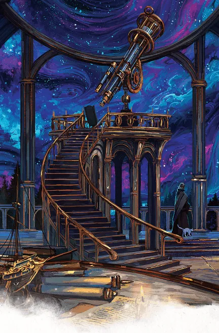 Illustration of an observatory tower with a spiral staircase and telescope, overlooking a docked spelljamming ship