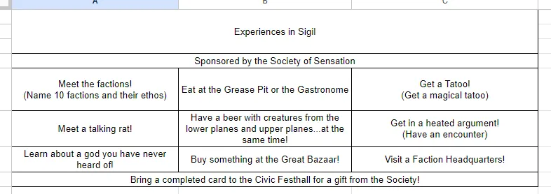 A basic Sigil Bingo card A basic Sigil Bingo card