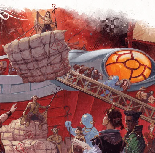 Illustration of a hobgoblin pirate crew loading cargo aboard their ship
