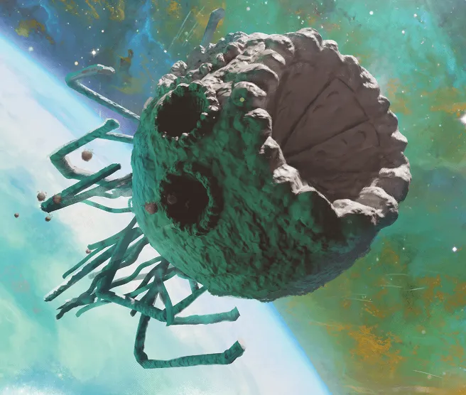 A tyrant ship, a living spelljamming vessel, drifting in space above a planet